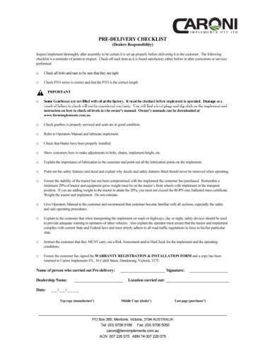 Caroni - Dealer Checklist & Warranty Form.pdf - Farm Implements ...