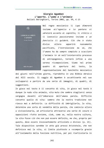 Giorgio Agamben L'aperto. L'uomo e l'animale - scienzaefilosofia.it