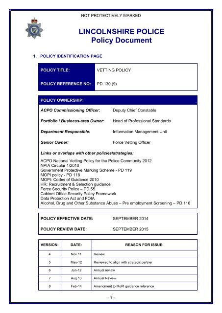 Vetting Policy - PD 130 - Lincolnshire Police