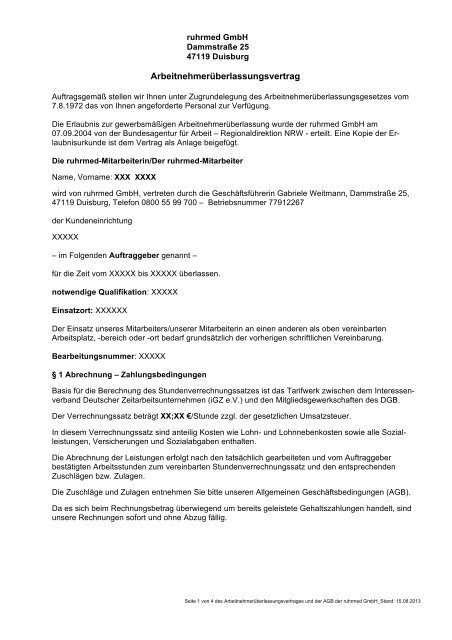 Arbeitnehmerüberlassungsvertrag - ruhrmed GmbH