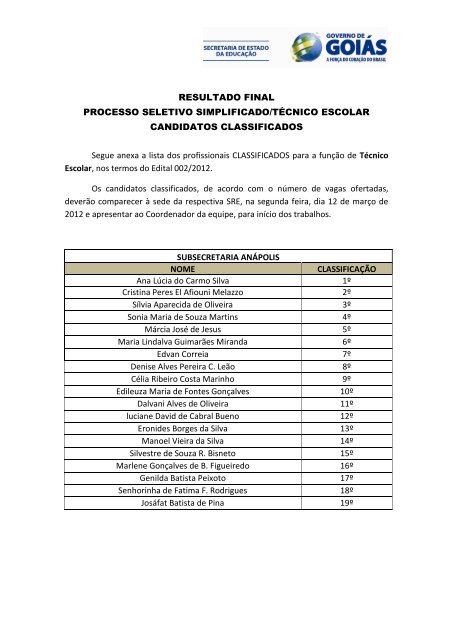 RESULTADO FINAL PROCESSO SELETIVO SIMPLIFICADO ...