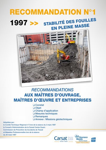 Recommandation nÂ°1/97 : StabilitÃ© des fouilles en pleine masse