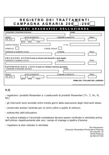 Modello Registro Dei Trattamenti Fitosanitario Piacenza