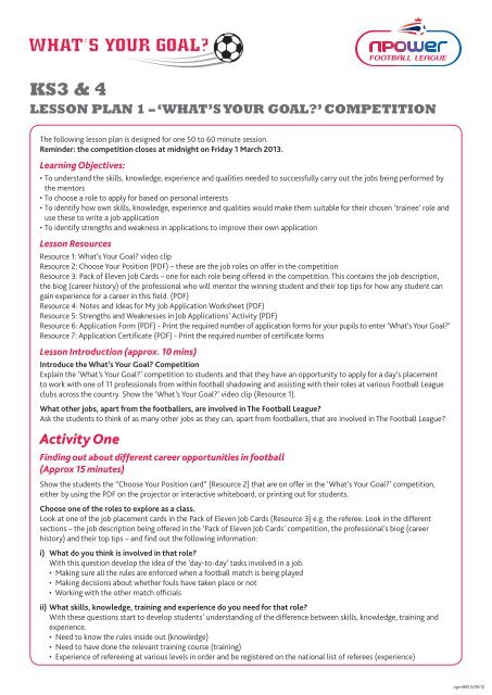 KS3 & 4 LeSSon PLan 1 – 'What'S Your GoaL?' ComPetition - Npower
