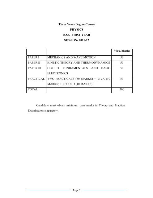 Three Years Degree Course PHYSICS B.Sc.- FIRST YEAR ...