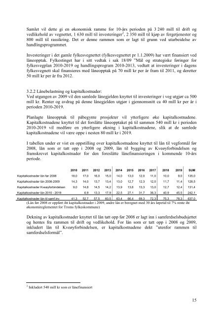 Fylkesvegplan 2010-2019, Handlingsprogram - Troms fylkeskommune