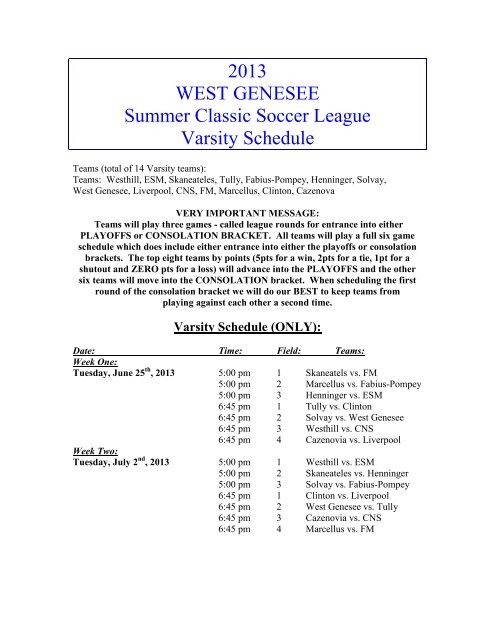 2013 WEST GENESEE Summer Classic Soccer League Varsity ...