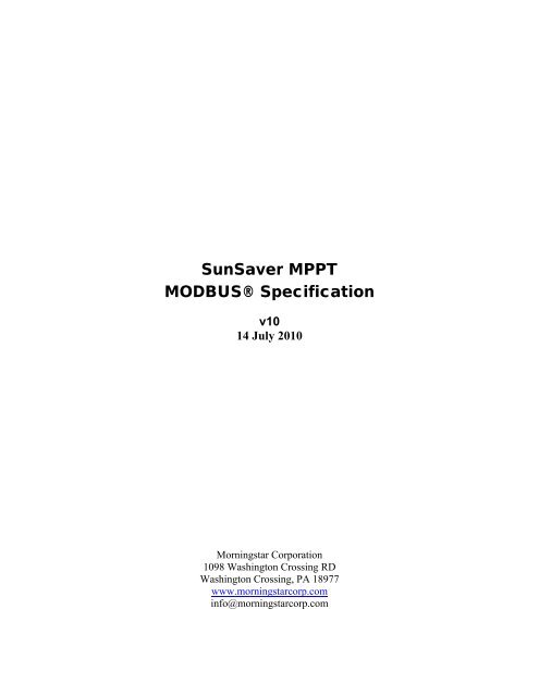 SunSaver MPPT MODBUSÂ® Specification - Morningstar Corporation