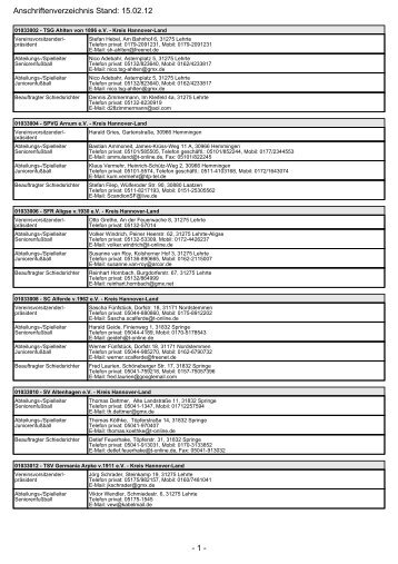 - 1 - Anschriftenverzeichnis Stand: 15.02.12 - SportEngine
