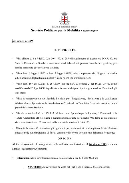 Ordinanza via Turri.pdf - Comune di Reggio Emilia