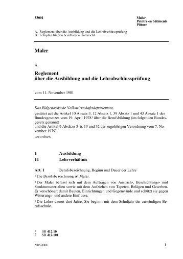 Maler Reglement Ã¼ber die Ausbildung und die LehrabschlussprÃ¼fung