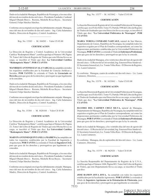 Gaceta - Diario Oficial de Nicaragua - # 234 de 2 Diciembre 2005