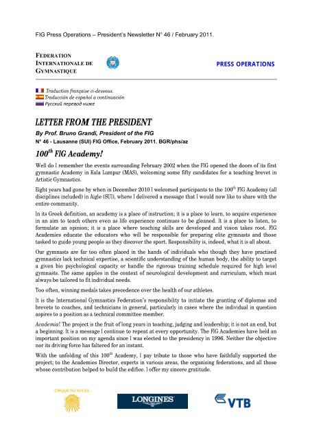 LETTER FROM THE PRESIDENT - sportcentric