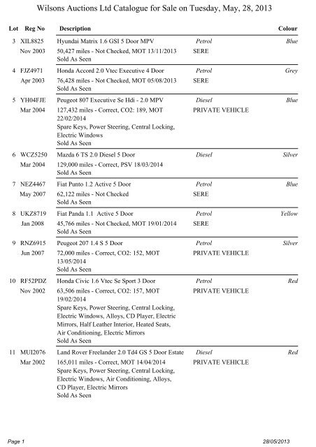 Wilsons Auctions Ltd Catalogue for Sale on Tuesday, May, 28, 2013