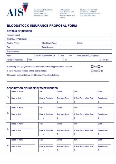 Bloodstock Proposal Form Ais Insurance Brokers
