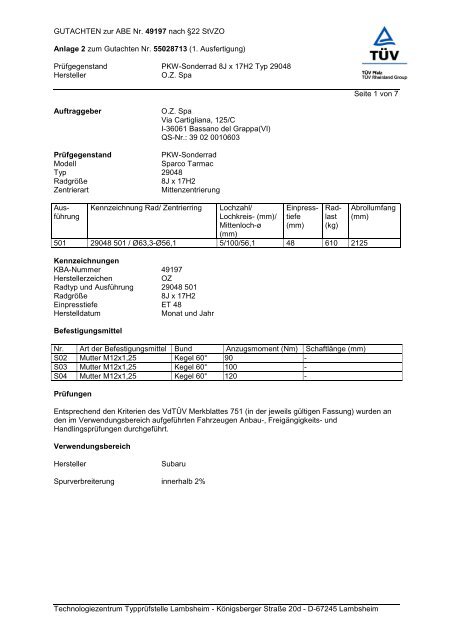 GUTACHTEN zur ABE Nr. 49197 nach Ã‚Â§22 StVZO Anlage 2 zum ...