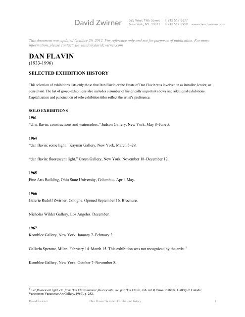 Dan Flavin Selected Exhibition History - David Zwirner