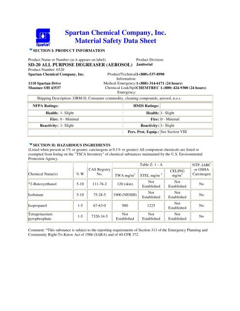 Spartan Chemical Company, Inc. Material Safety Data Sheet