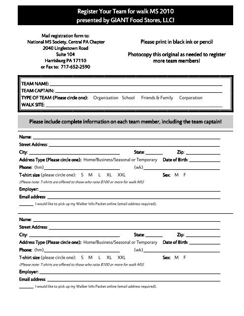 Blank team reg form