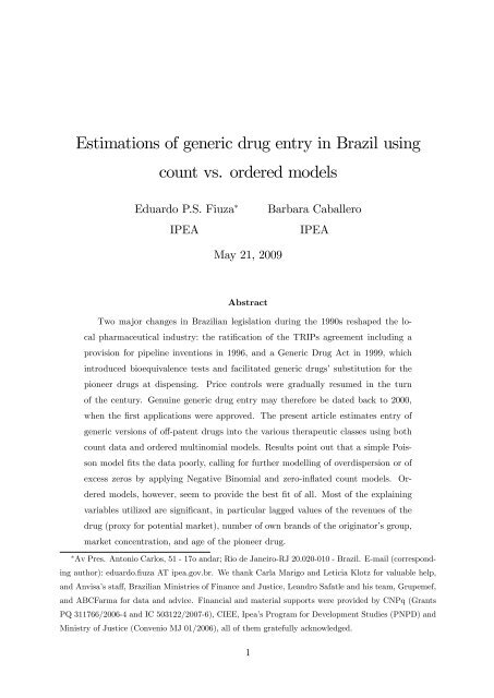 Estimations of generic drug entry in Brazil using count ... - EPGE/FGV