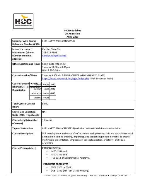 Course Syllabus 2D Animation ARTV 2301 Semester with Course ...