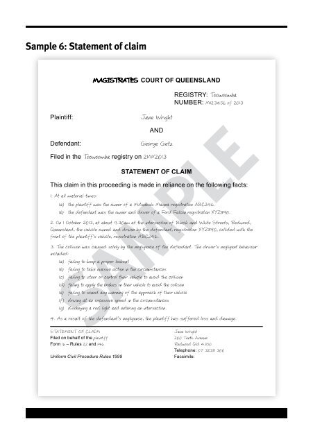Sample 6 â Statement of claim (PDF, 187 KB) - Legal Aid Queensland