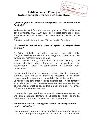 L'Adiconsum e l'energia - Note e consigli utili per il consumatore