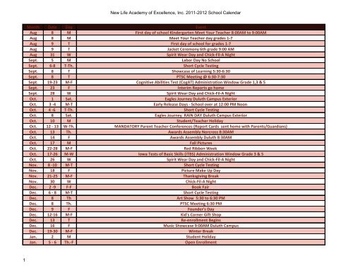 Academic Year Calendar - New Life Academy of Excellence