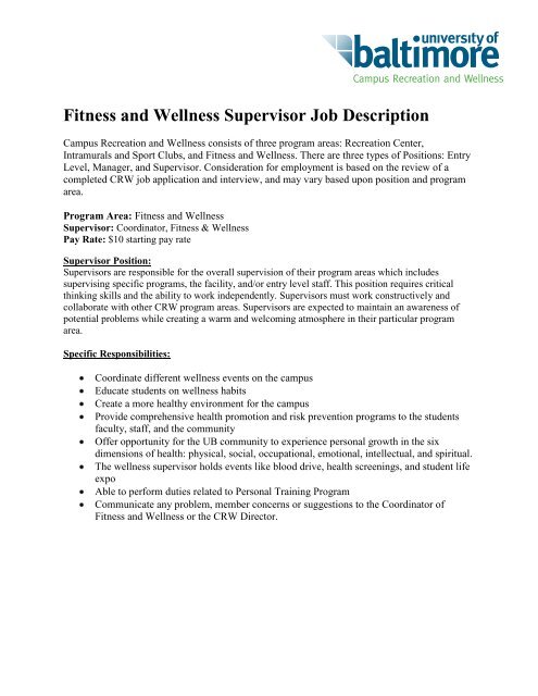 Fitness and Wellness Supervisor Job Description