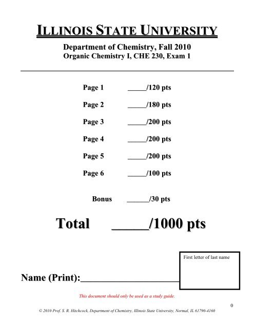 CHE 230 Exam 1 _Fall 2010 - Department of Chemistry - Illinois ...