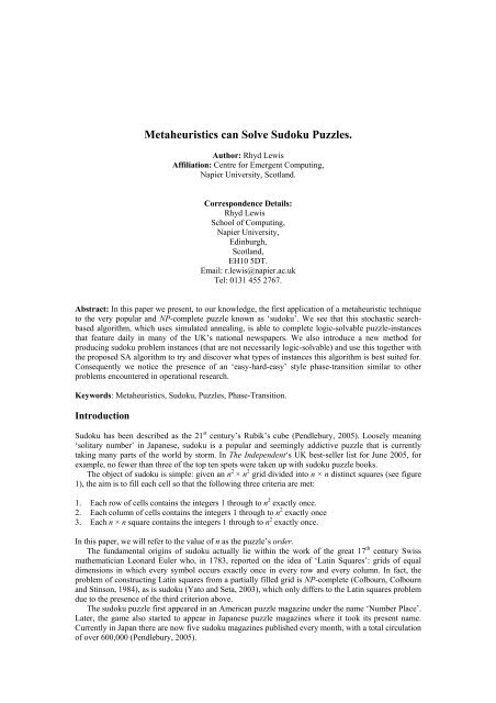 Metaheuristics can Solve Sudoku Puzzles.