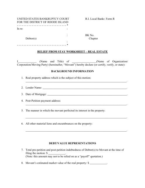 relief from stay worksheet â real estate - Bankruptcy Mortgage Project