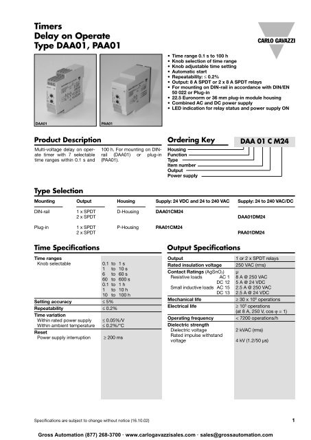 Delay on Operate Type DAA01, PAA01 Timers - Carlo Gavazzi