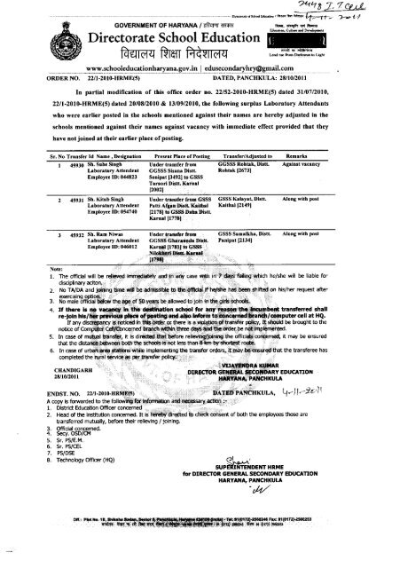 Dated, Panchkula, the - Directorate of School Education, Haryana