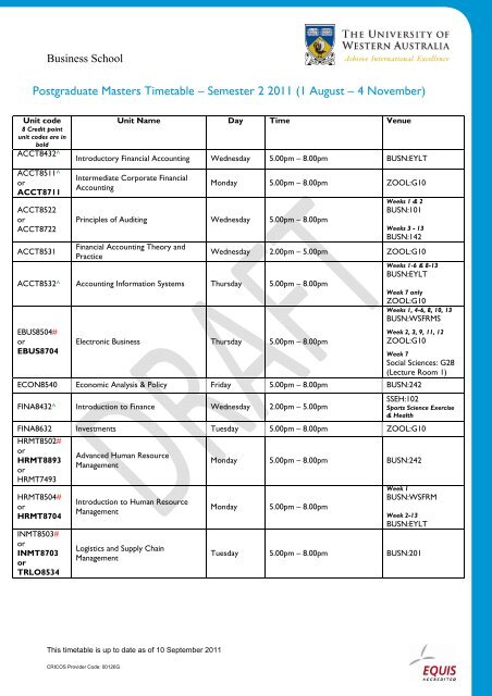 Postgraduate Masters timetable 2011 Sem 2- 100911 (no lecturer)