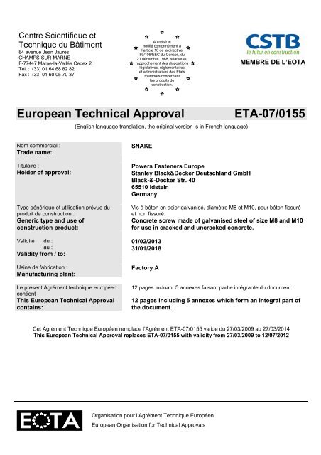 European Technical Approval ETA-07/0155