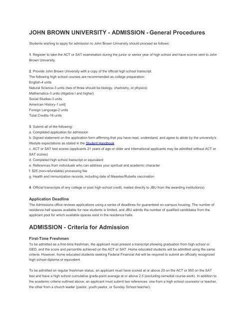 Admission Requirements - John Brown University