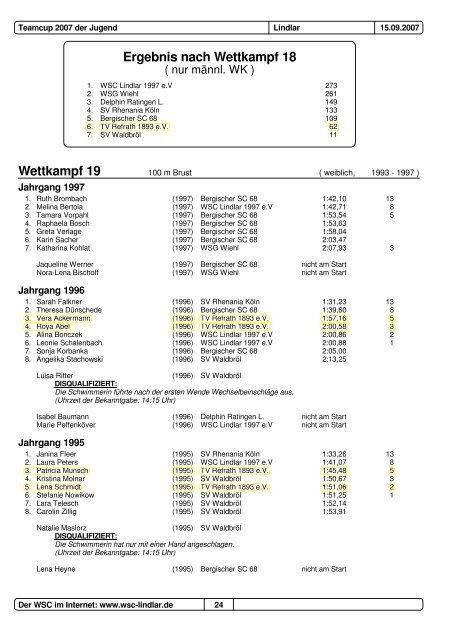 Ergebnis nach Wettkampf 5 - Schwimmen - Rolf Imgenberg