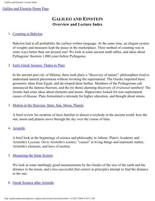 Galileo and Einstein: Lecture Index