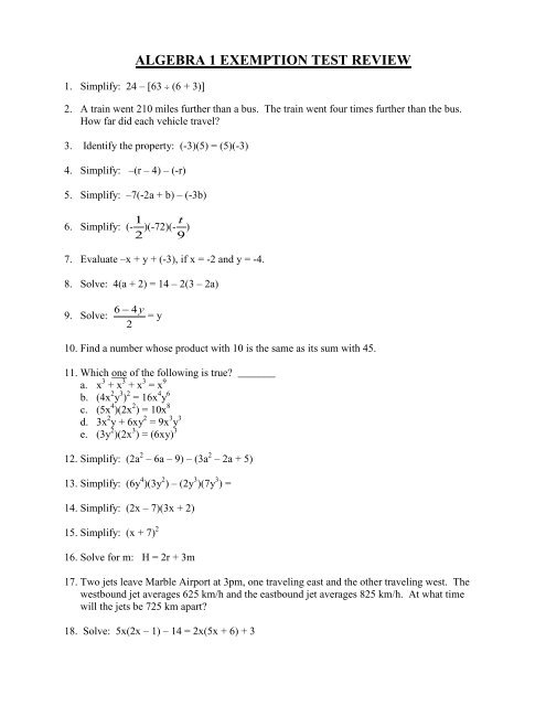 algebra 1 exemption test review - Bishop O'Connell High School