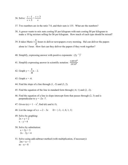 algebra 1 exemption test review - Bishop O'Connell High School