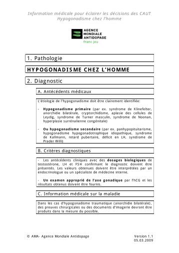 1. Pathologie HYPOGONADISME CHEZ L'HOMME 2. Diagnostic