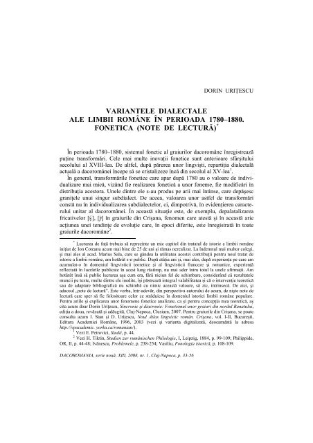 variantele dialectale ale limbii române în perioada 1780–1880 ...