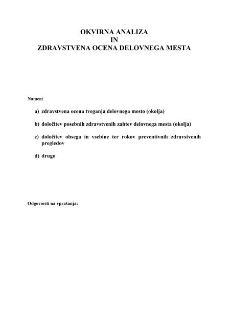 Okvirna analiza in zdravstvena ocena delovnega mesta