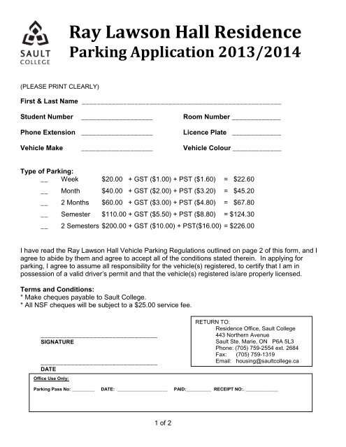 Ray Lawson Hall Residence Parking Application ... - Sault College
