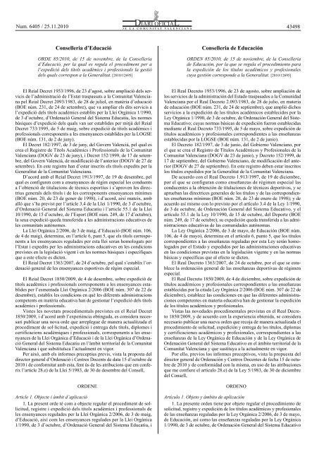 ORDE 85/2010, de 15 de novembre, de la Conselleria d'EducaciÃ³ ...
