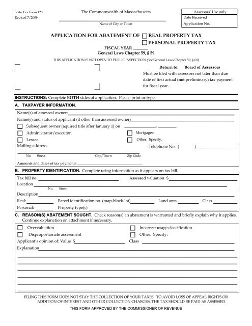 Application For Abatement Of Real Property Tax City Of Quincy
