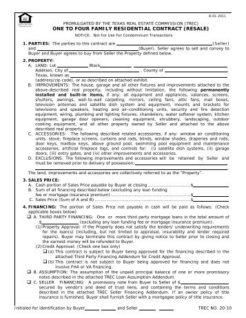 trec no. 20-10, one to four family residential contract - Texas Real ...