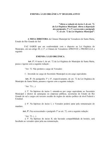 Emenda LOM nÂº 28 Altera a redaÃ§Ã£o do inciso I, do art. 72, da Lei ...