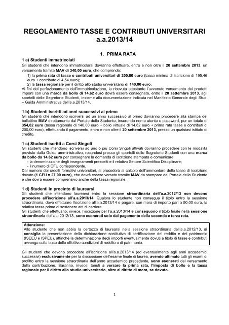 Tasse - UniversitÃ degli Studi del Molise - Ufficio Statistico e ...